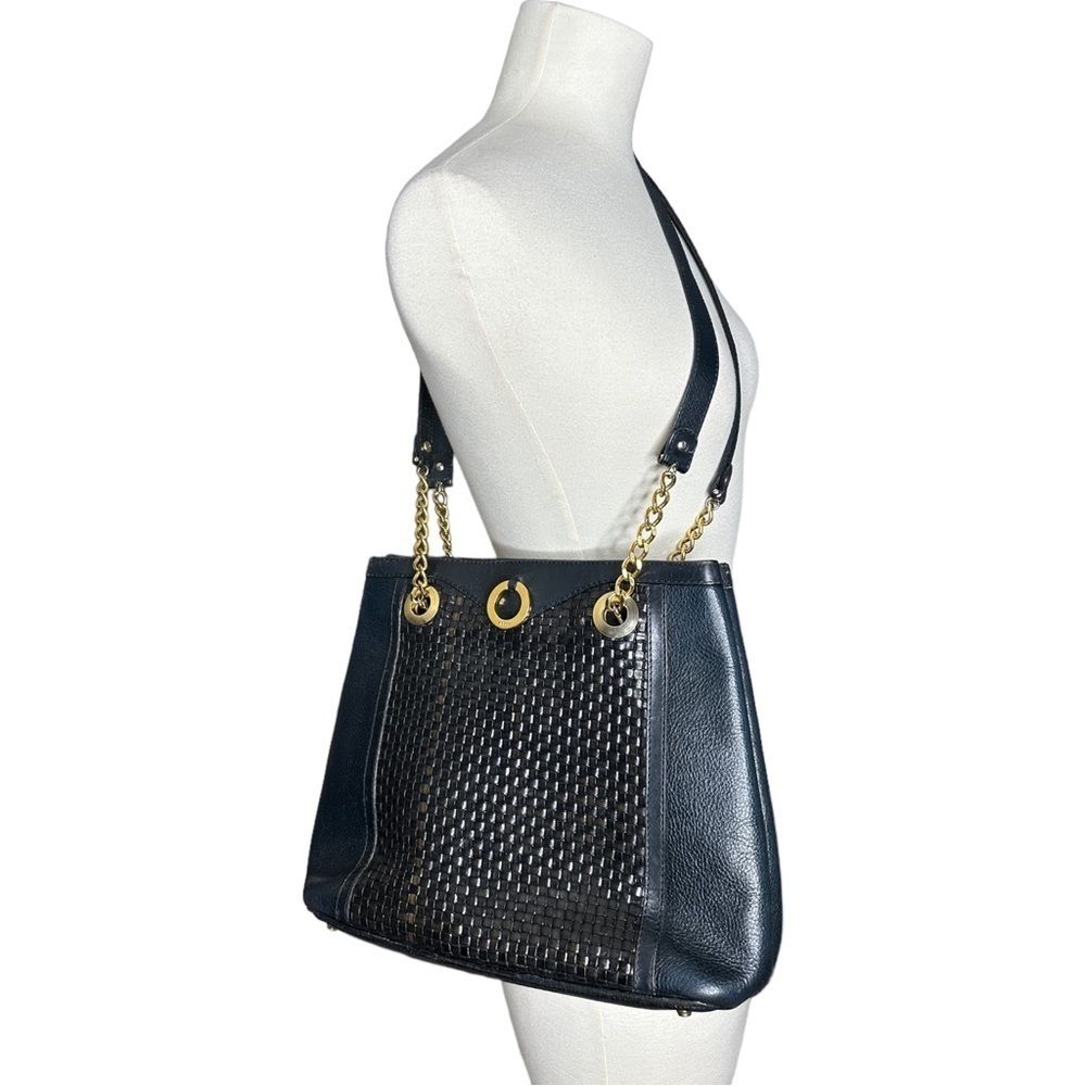 Vintage Bally Leather Basketweave Divided Blue And Black Gold Chain Shoulder Bag